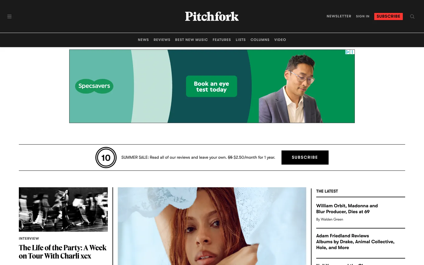Screenshot of the Pitchfork homepage