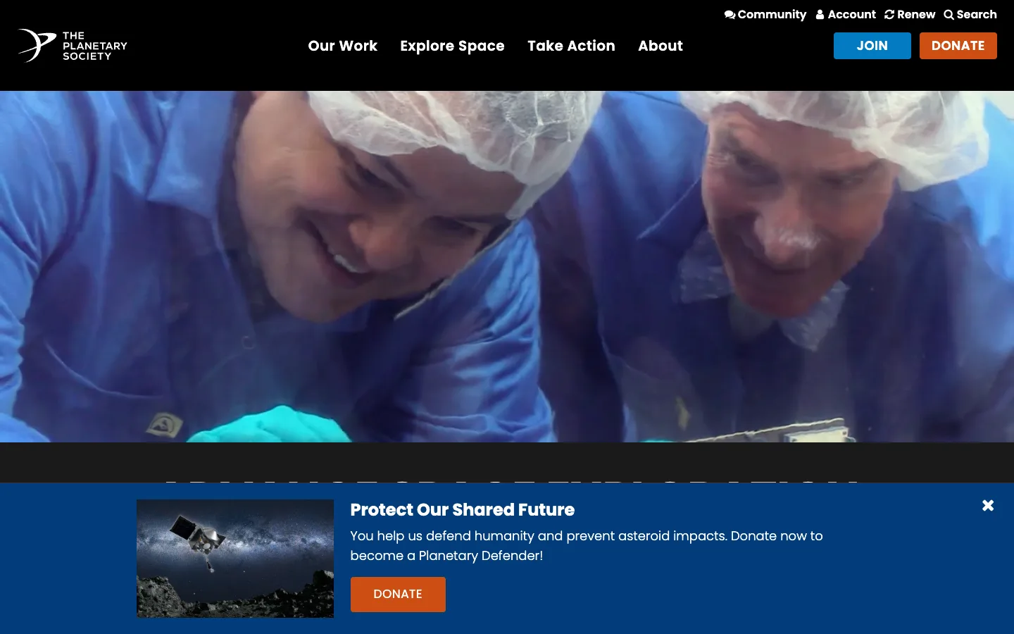 Screenshot of the The Planetary Society homepage