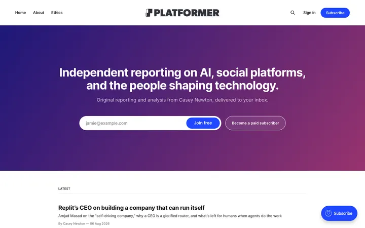 Platformer homepage
