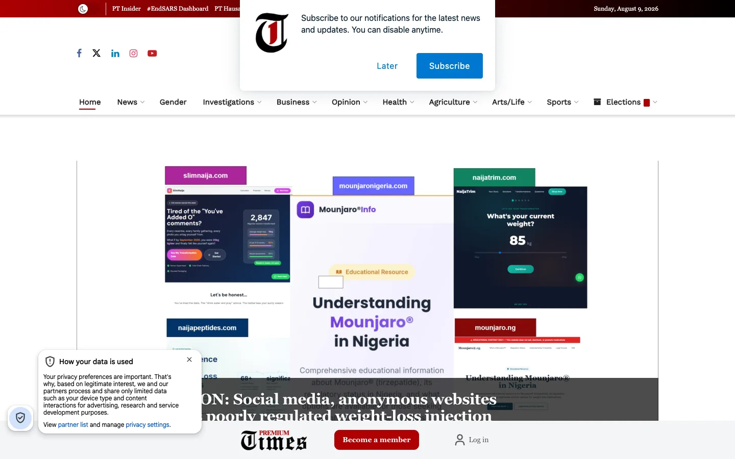 Screenshot of the Premium Times homepage