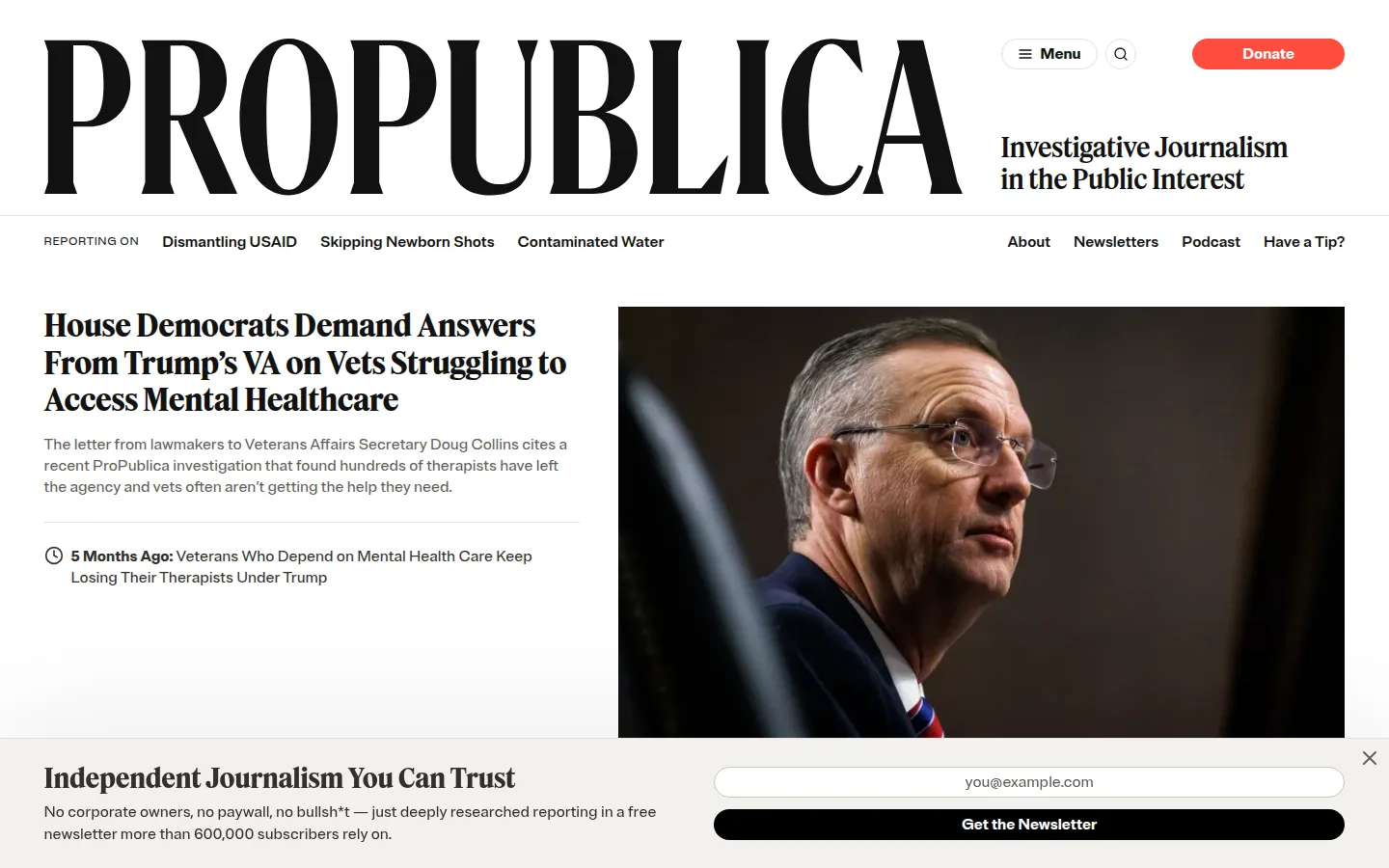 Screenshot of the ProPublica homepage