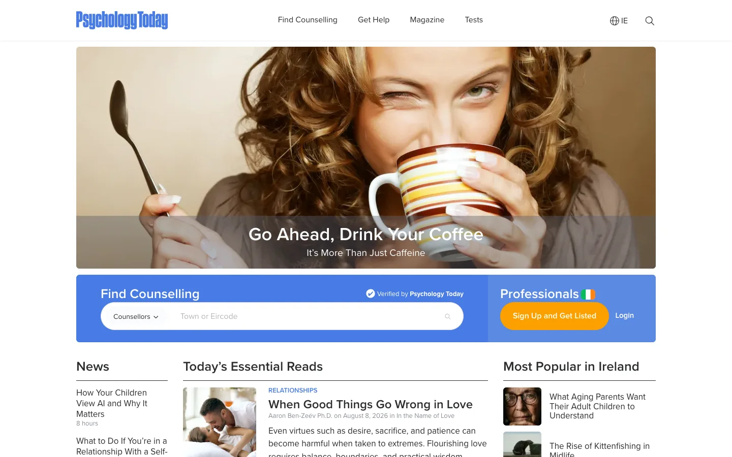 Screenshot of the Psychology Today homepage
