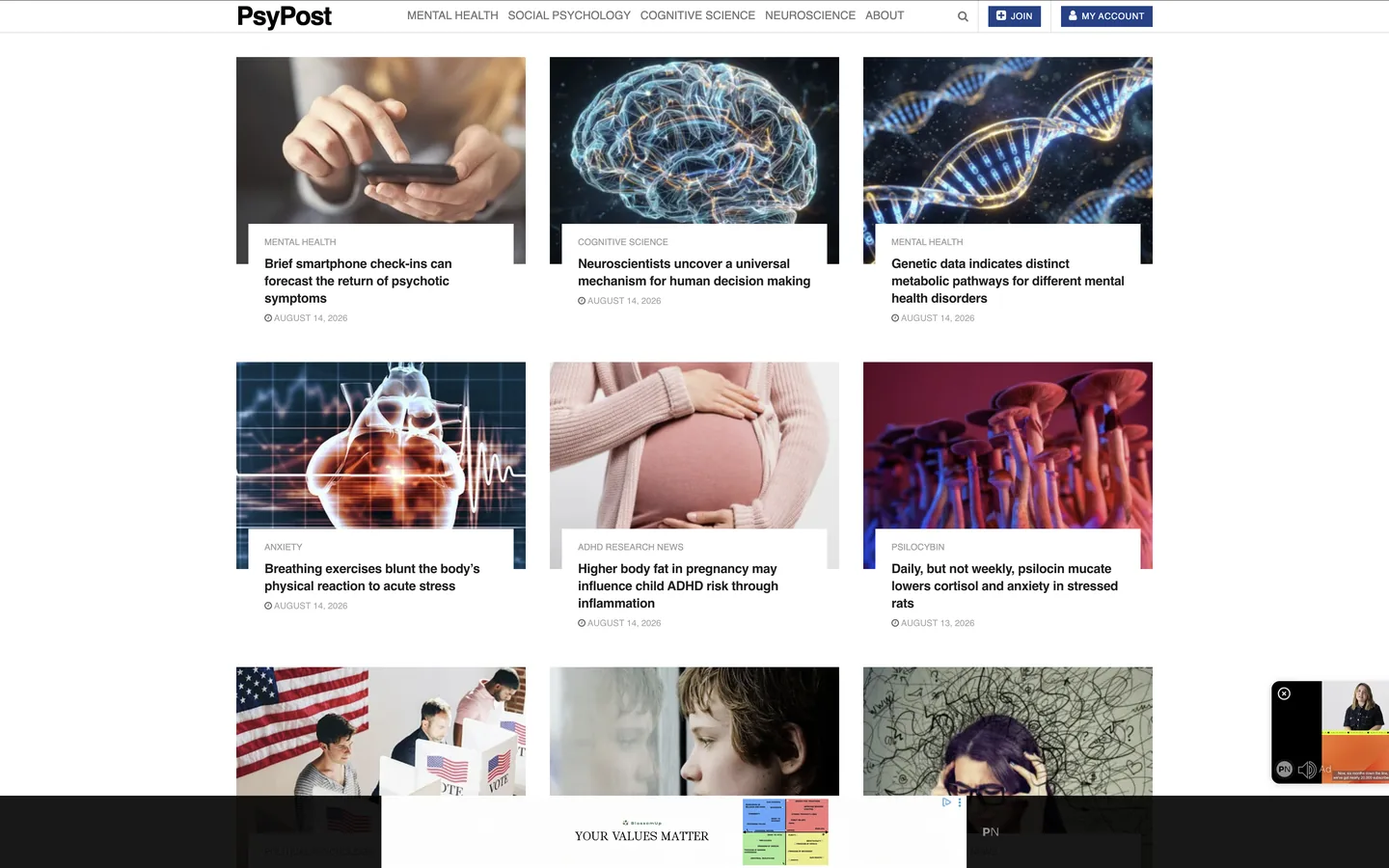 Screenshot of the PsyPost homepage