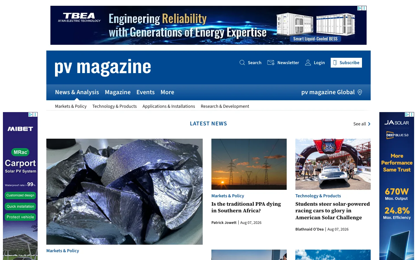 Screenshot of the pv magazine homepage