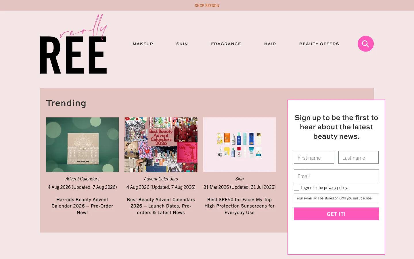 Screenshot of the Really Ree homepage