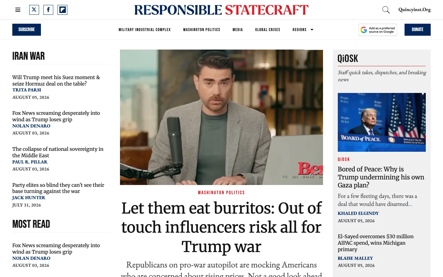 Screenshot of the Responsible Statecraft homepage