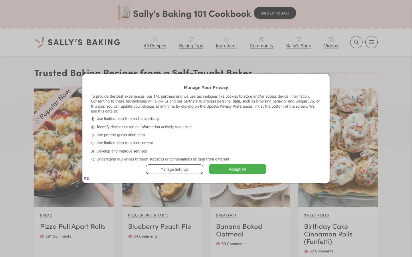 Screenshot of the Sally's Baking Addiction homepage