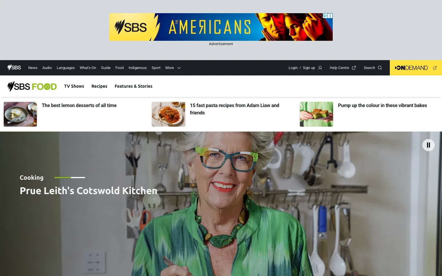 Screenshot of the SBS Food homepage