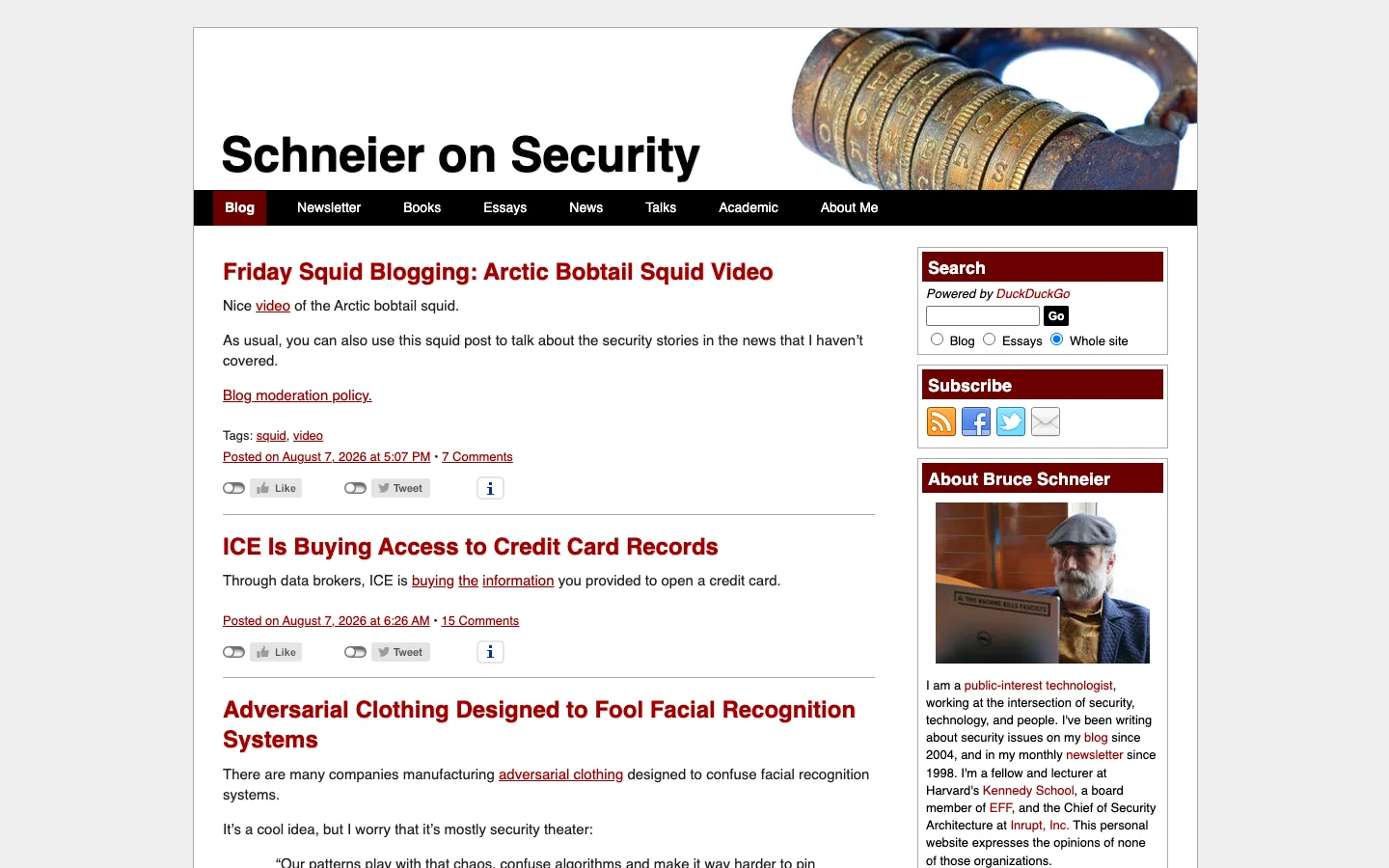 Screenshot of the Schneier on Security homepage