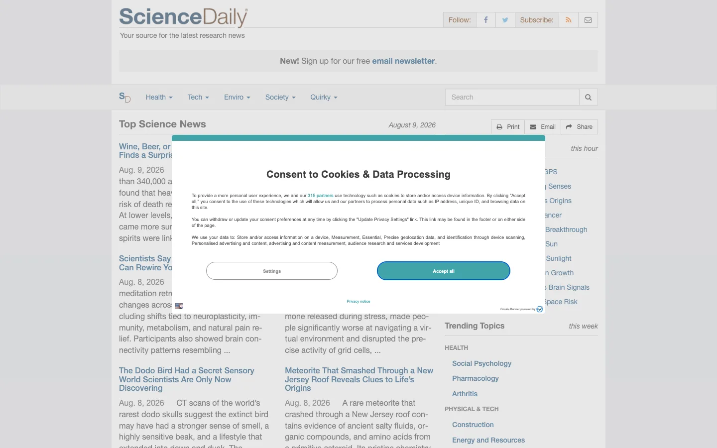 Screenshot of the Science Daily homepage