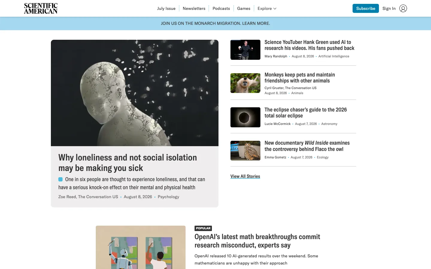 Screenshot of the Scientific American homepage