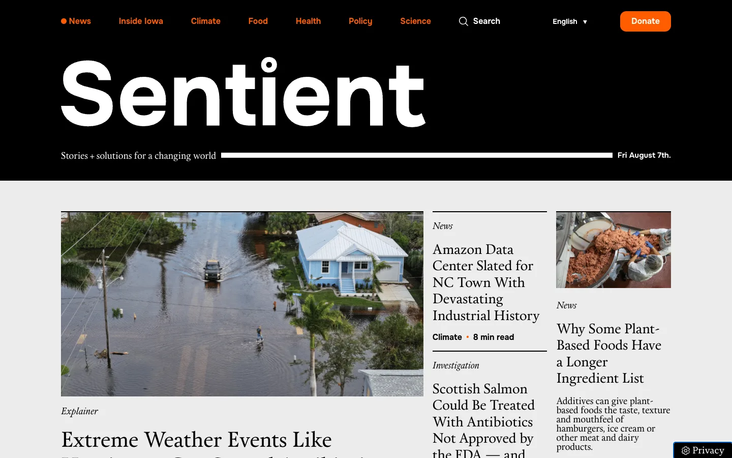 Screenshot of the Sentient homepage