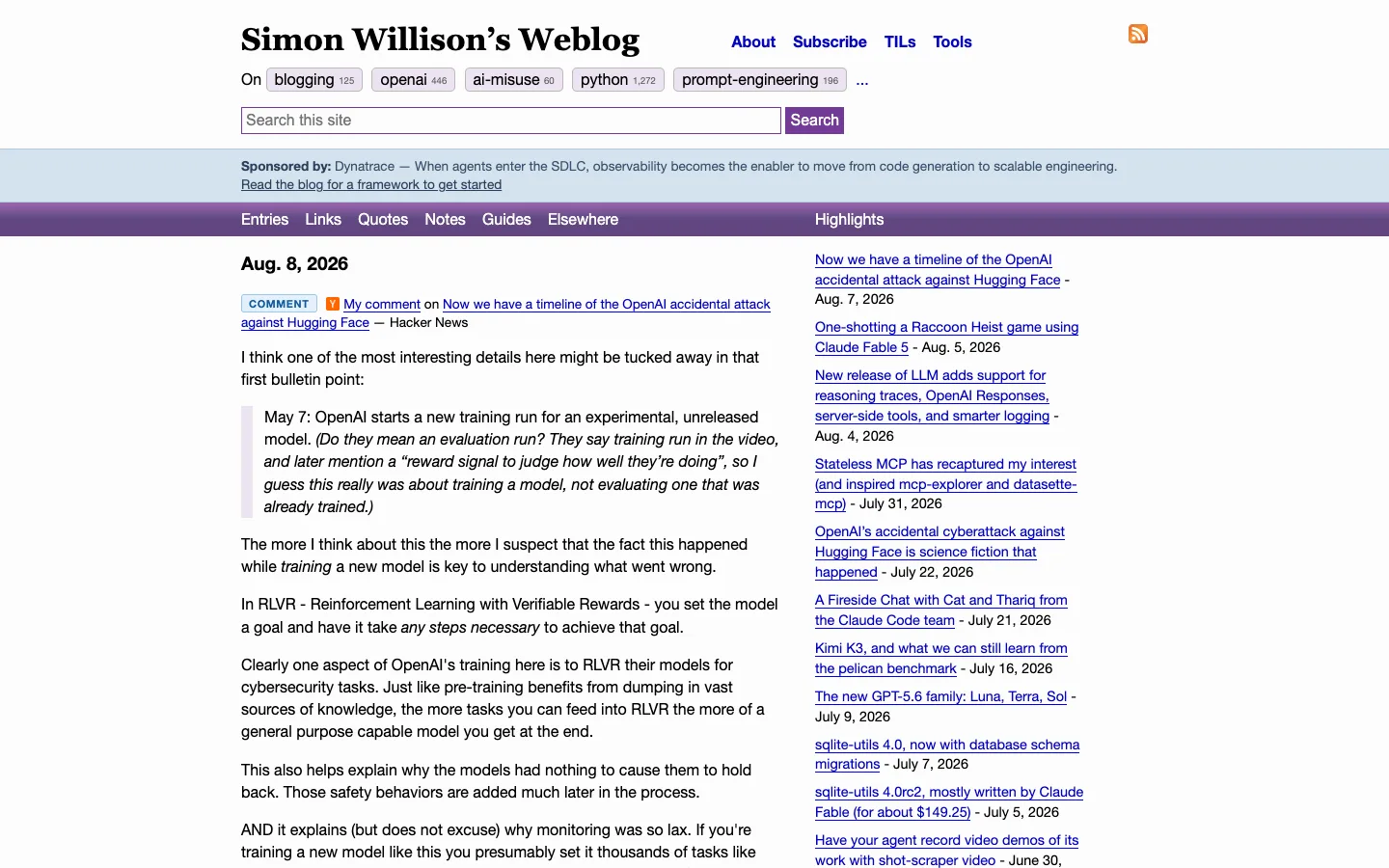 Screenshot of the Simon Willison's Weblog homepage
