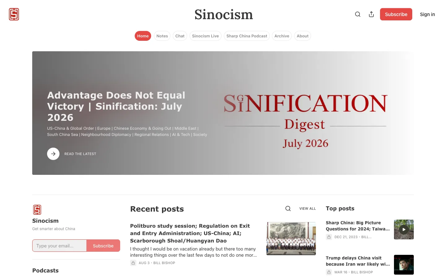 Screenshot of the Sinocism homepage