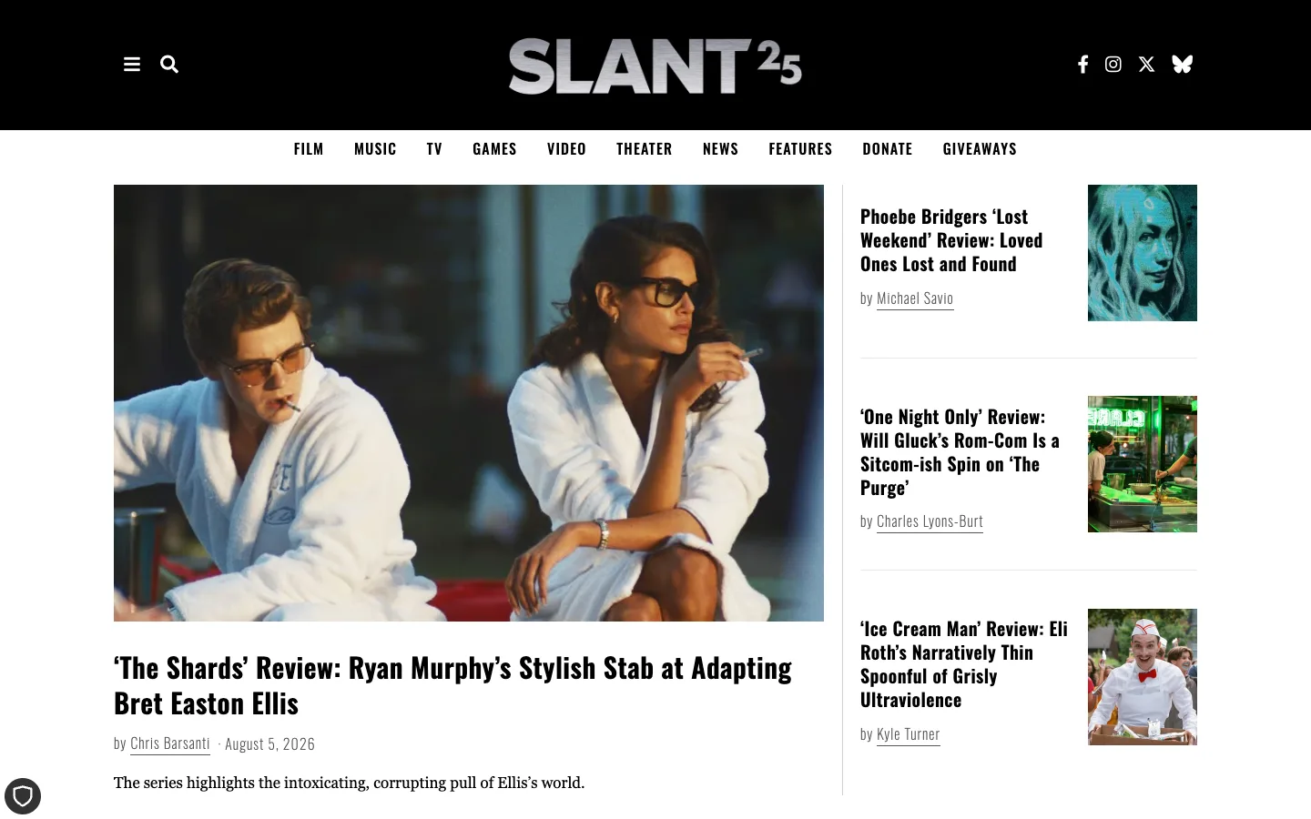 Screenshot of the Slant Magazine homepage