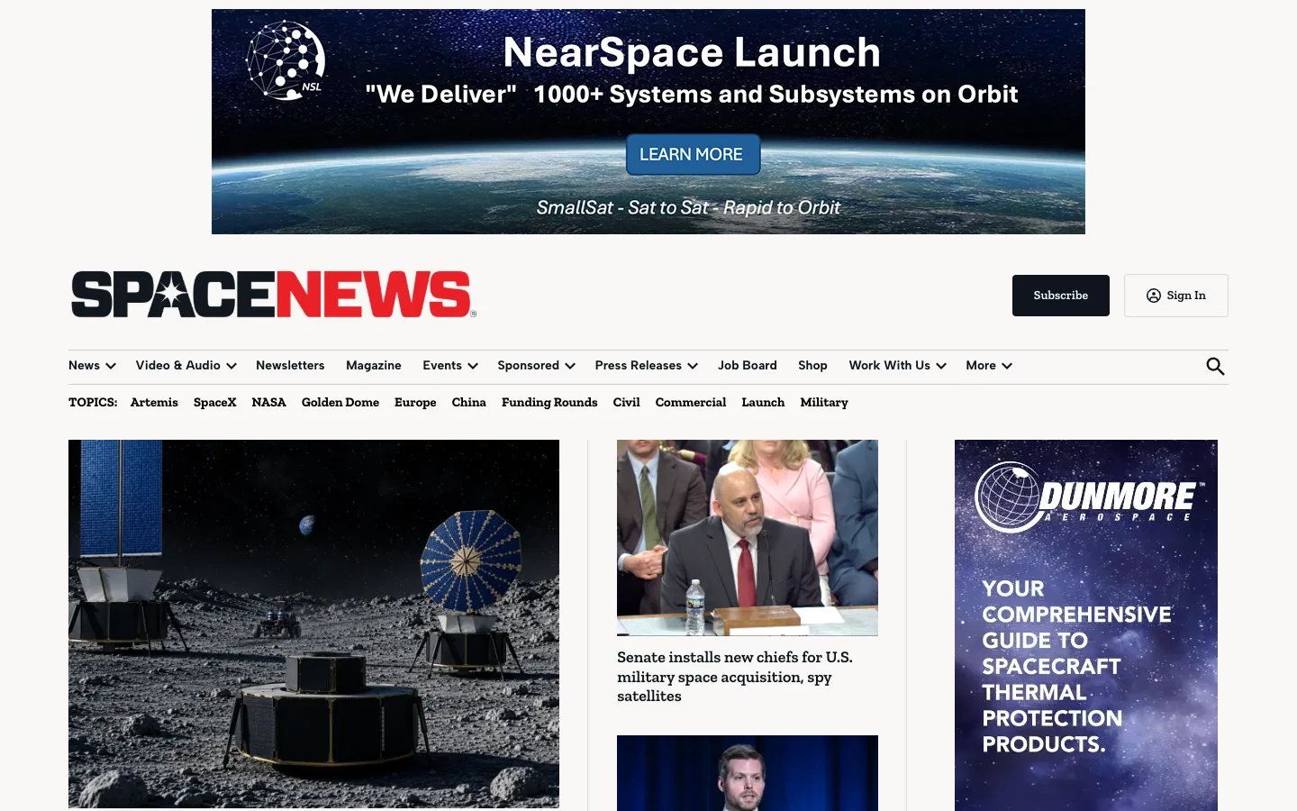 Screenshot of the SpaceNews homepage