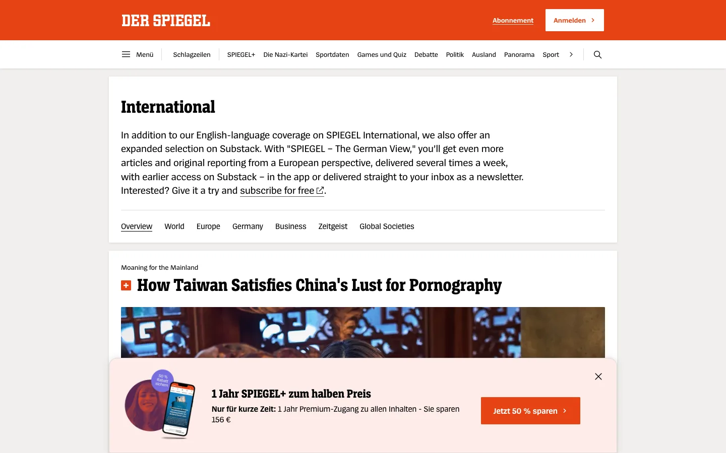 Screenshot of the Der Spiegel International homepage