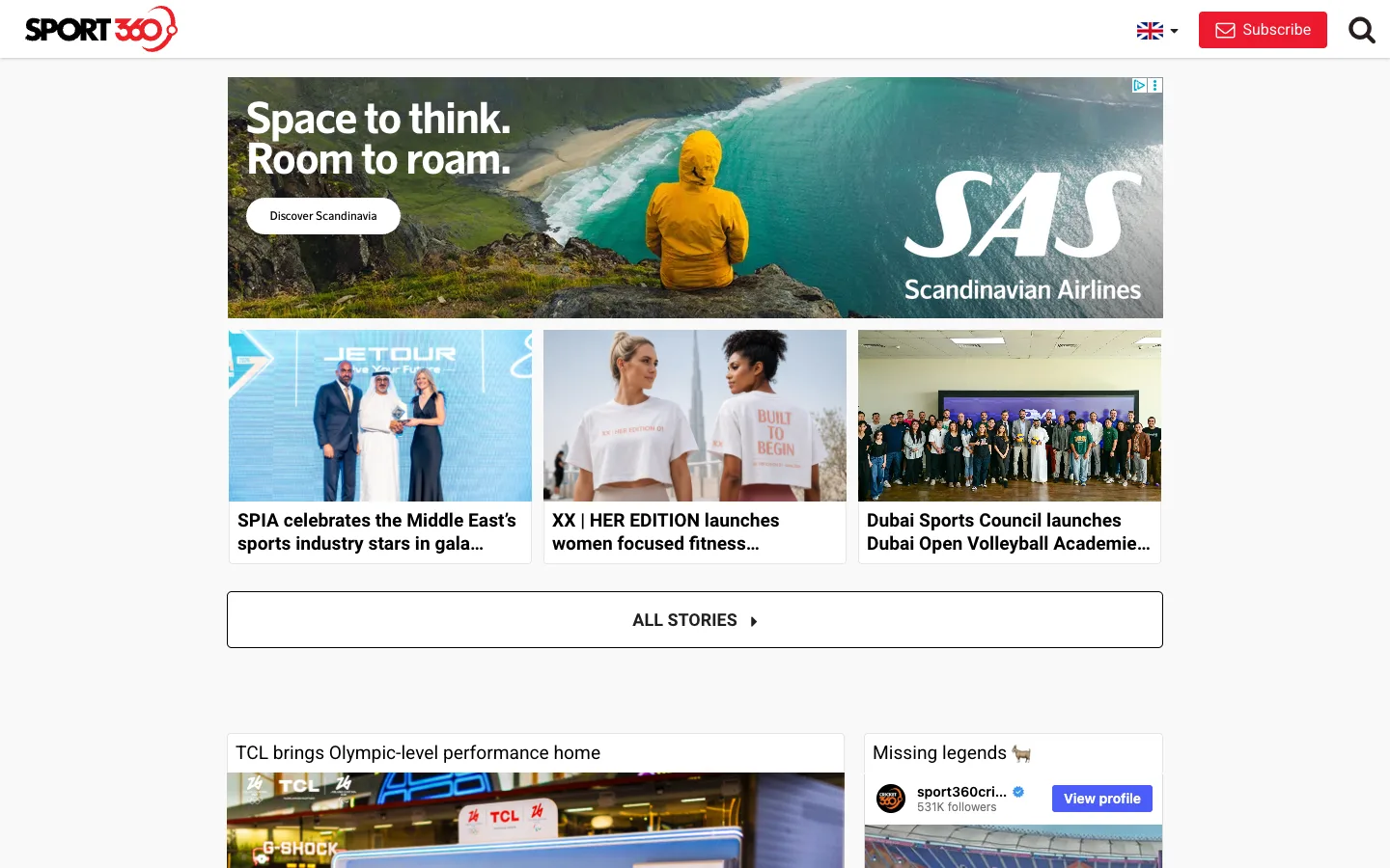 Screenshot of the Sport360 homepage