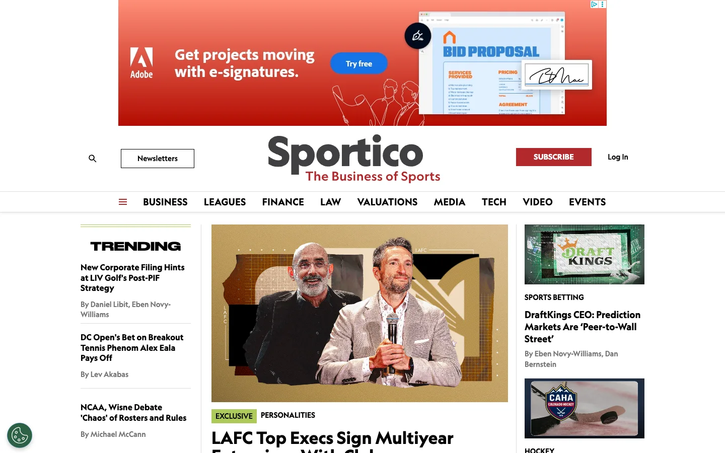 Screenshot of the Sportico homepage