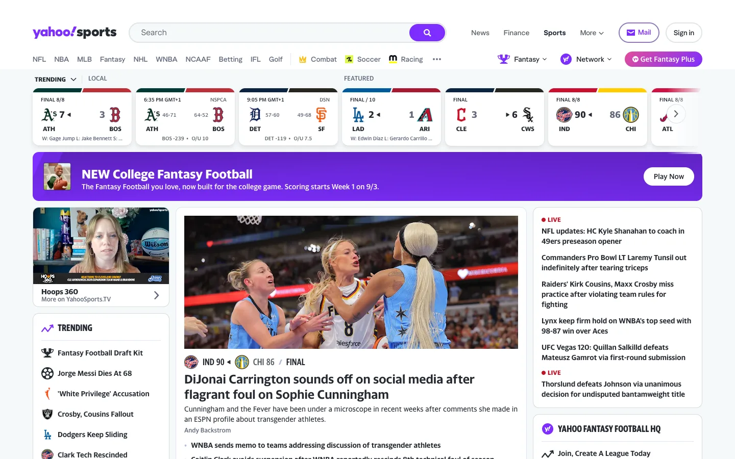 Screenshot of the Yahoo Sports homepage
