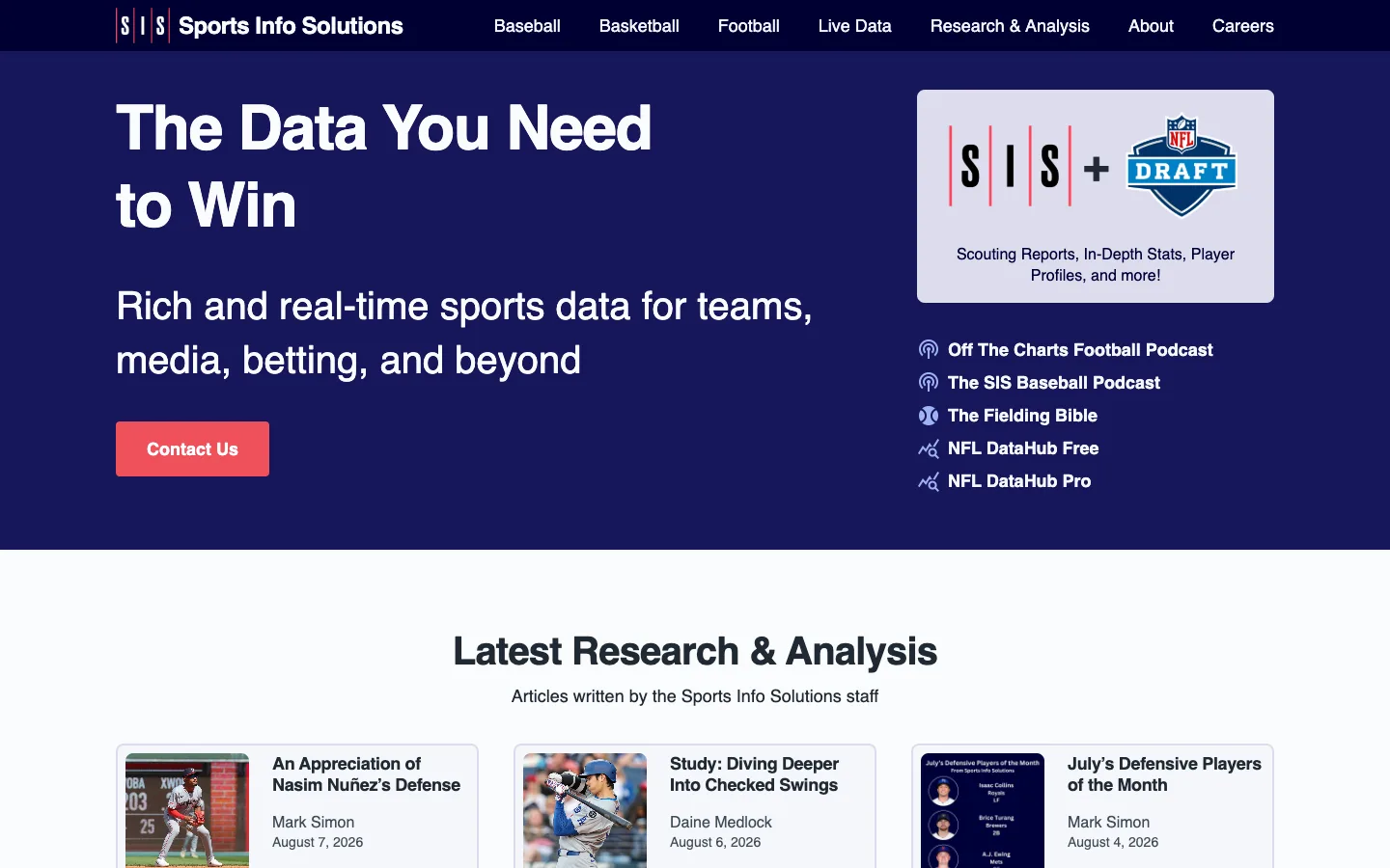 Screenshot of the Sports Info Solutions homepage