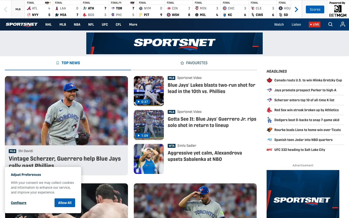 Screenshot of the Sportsnet homepage