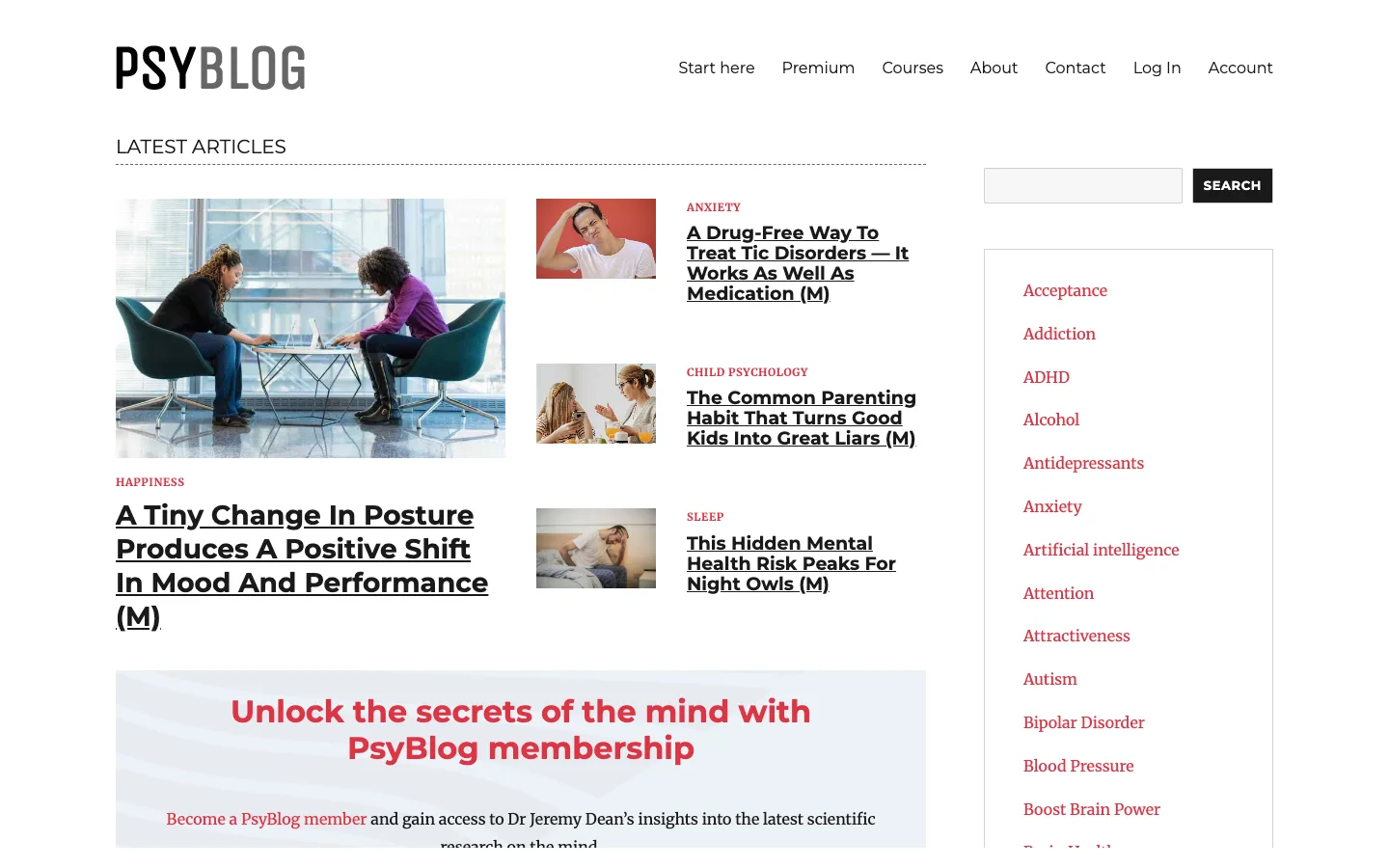 Screenshot of the PsyBlog homepage