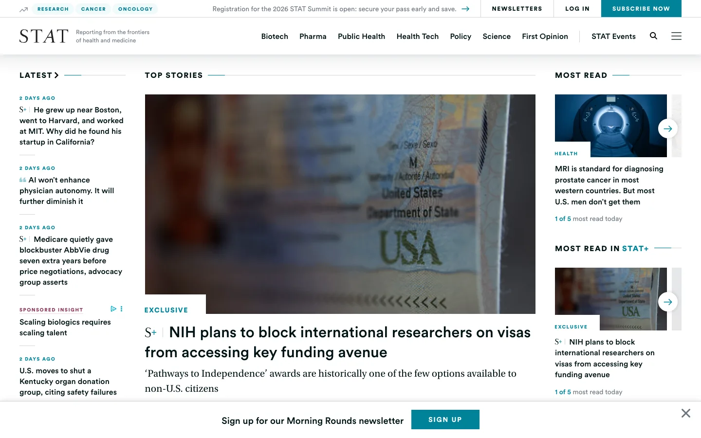 Screenshot of the STAT News homepage