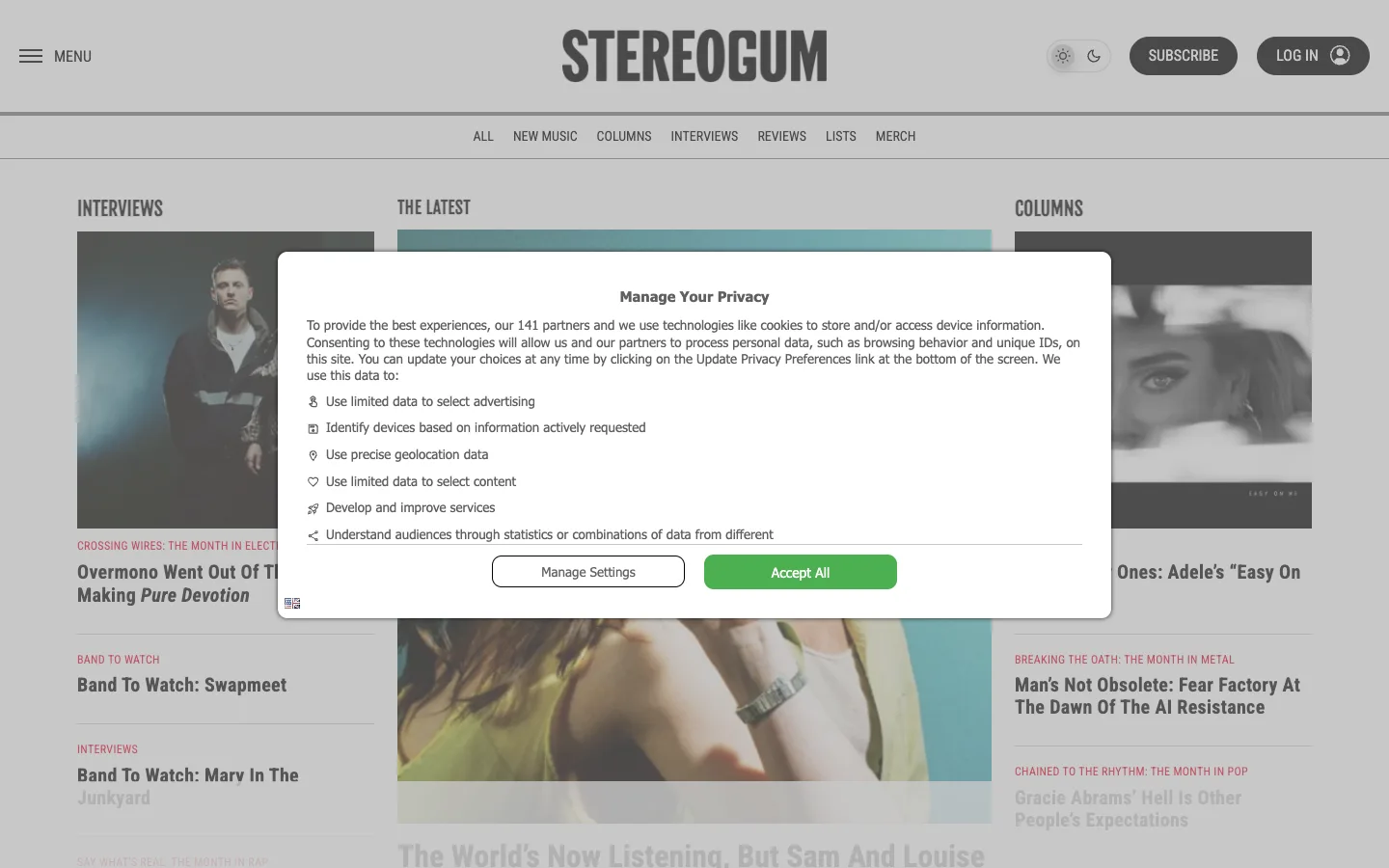 Screenshot of the Stereogum homepage