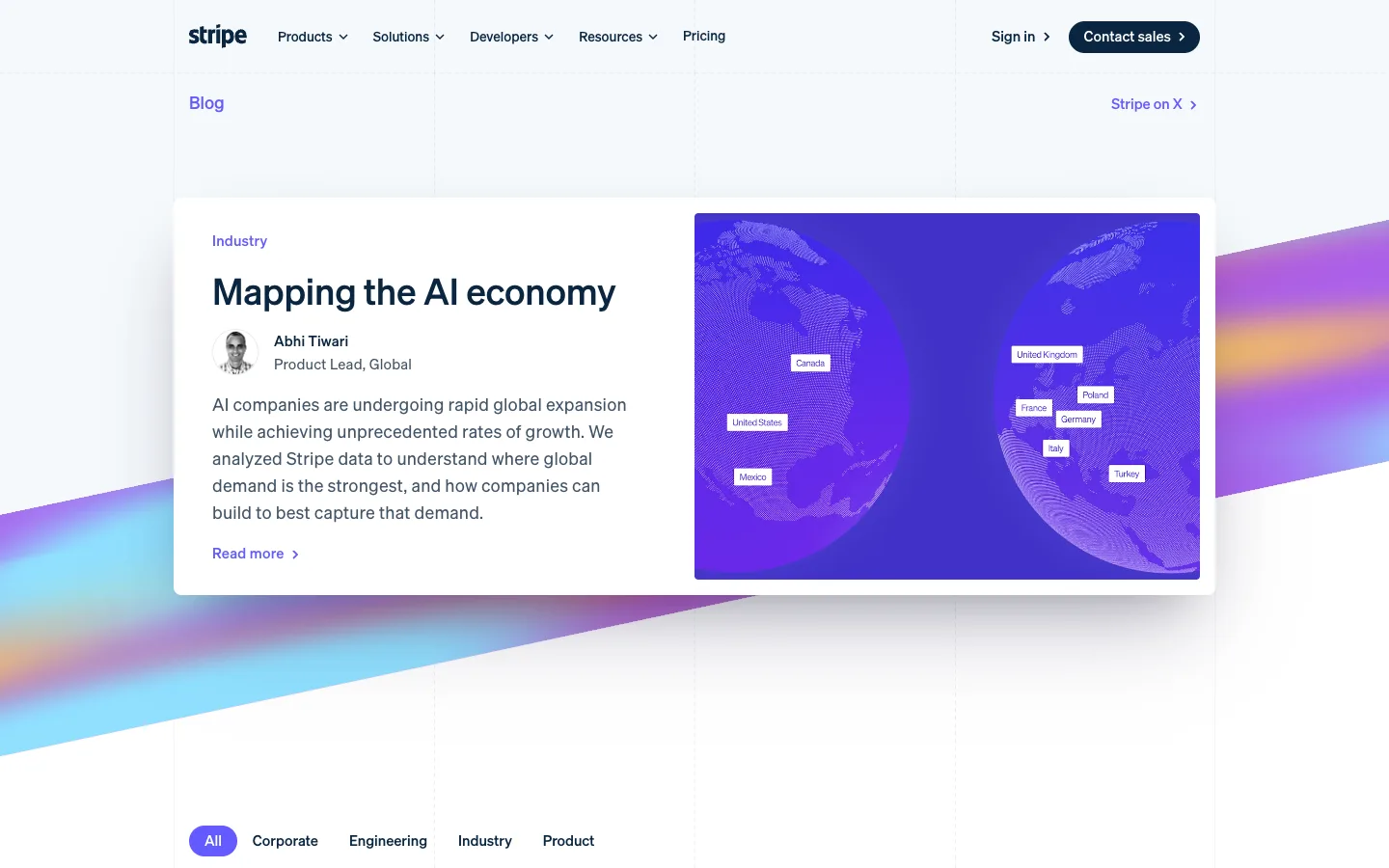 Screenshot of the Stripe Blog homepage