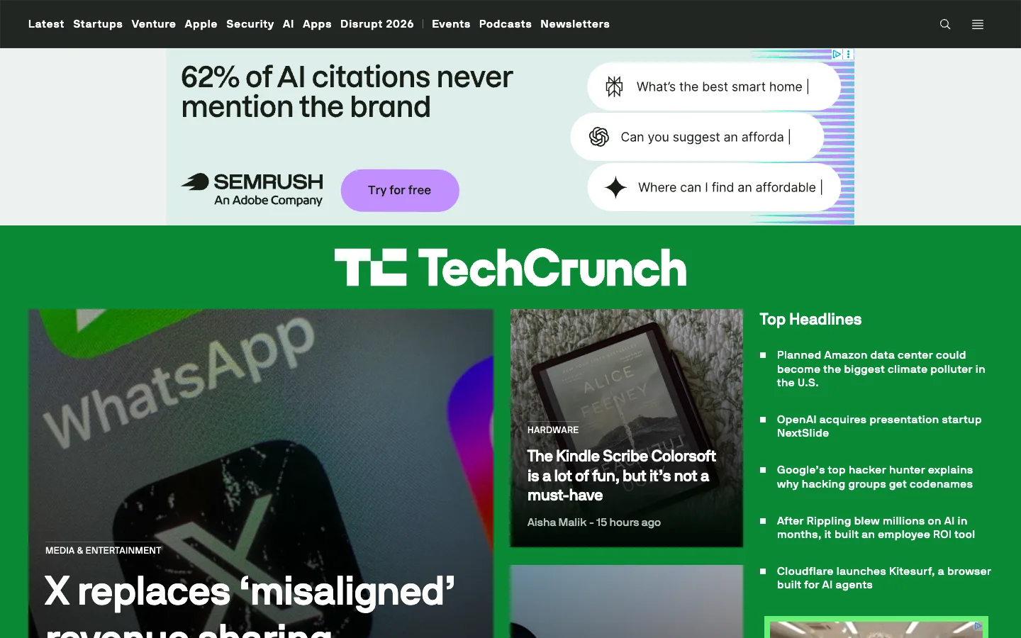 Screenshot of the TechCrunch homepage