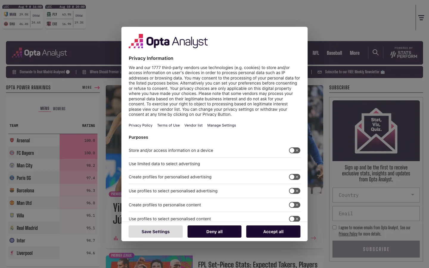 Screenshot of the The Analyst (Opta) homepage