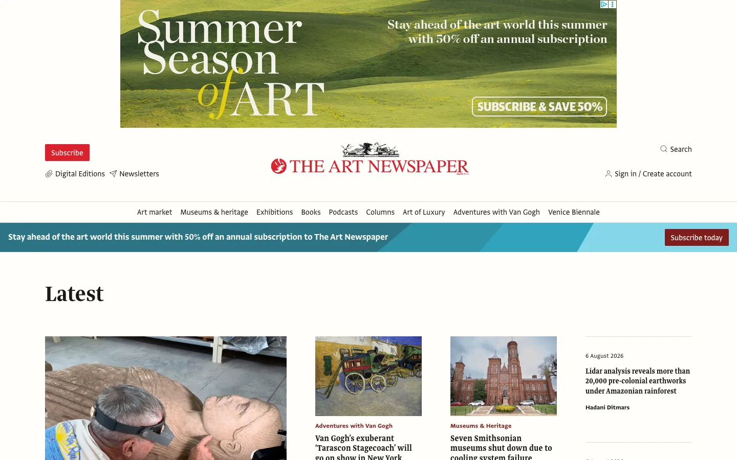 Screenshot of the The Art Newspaper homepage