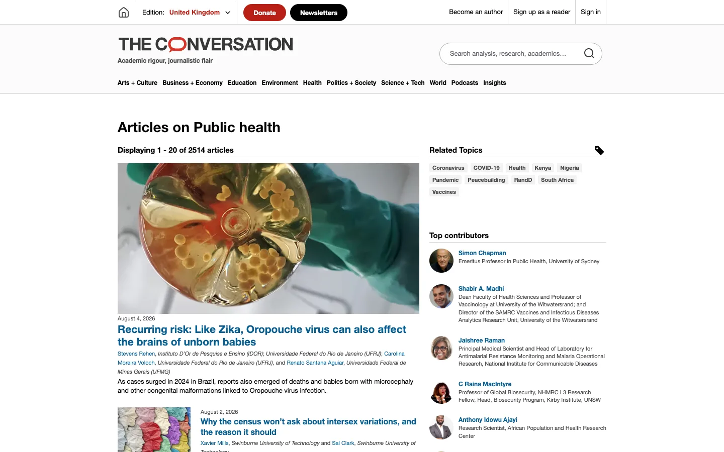Screenshot of the The Conversation (Health) homepage