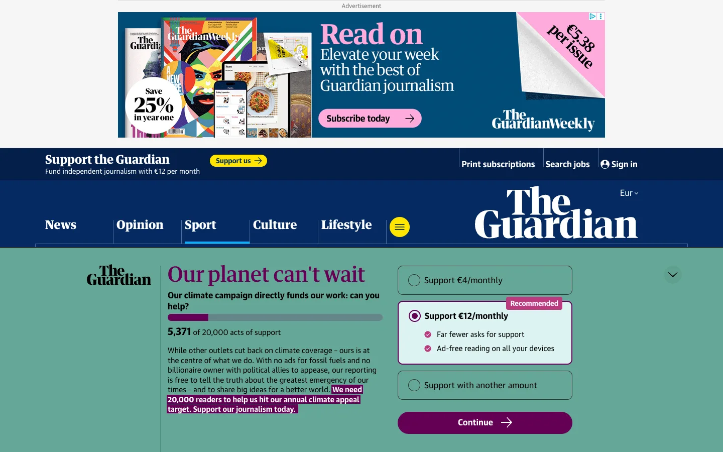 Screenshot of the The Guardian Sport homepage