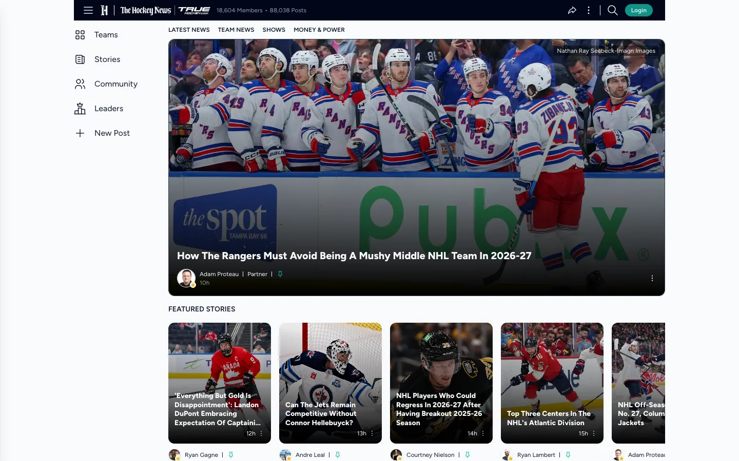 Screenshot of the The Hockey News homepage