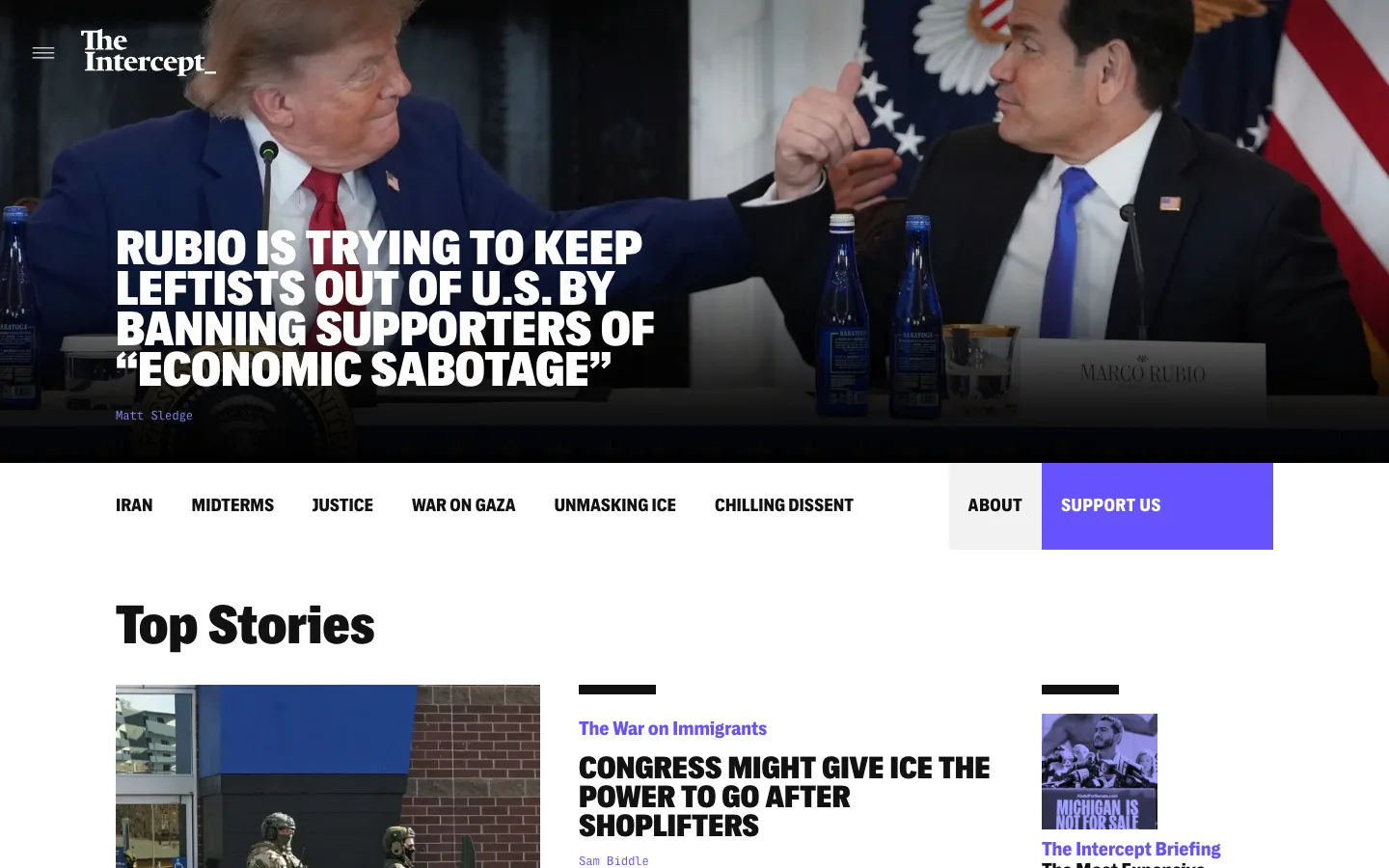 Screenshot of the The Intercept homepage