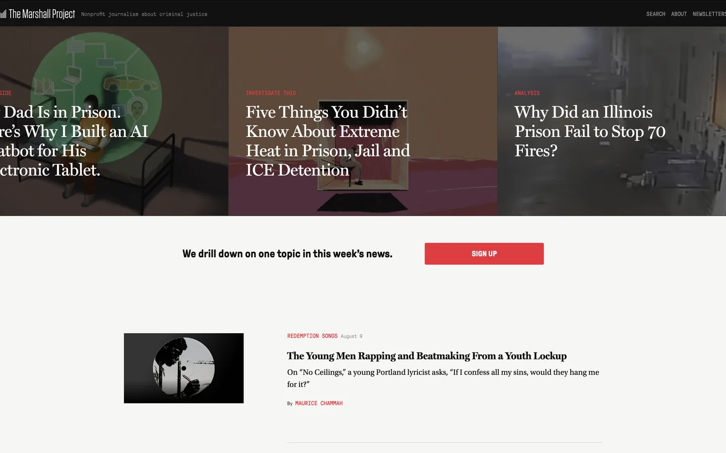 Screenshot of the The Marshall Project homepage
