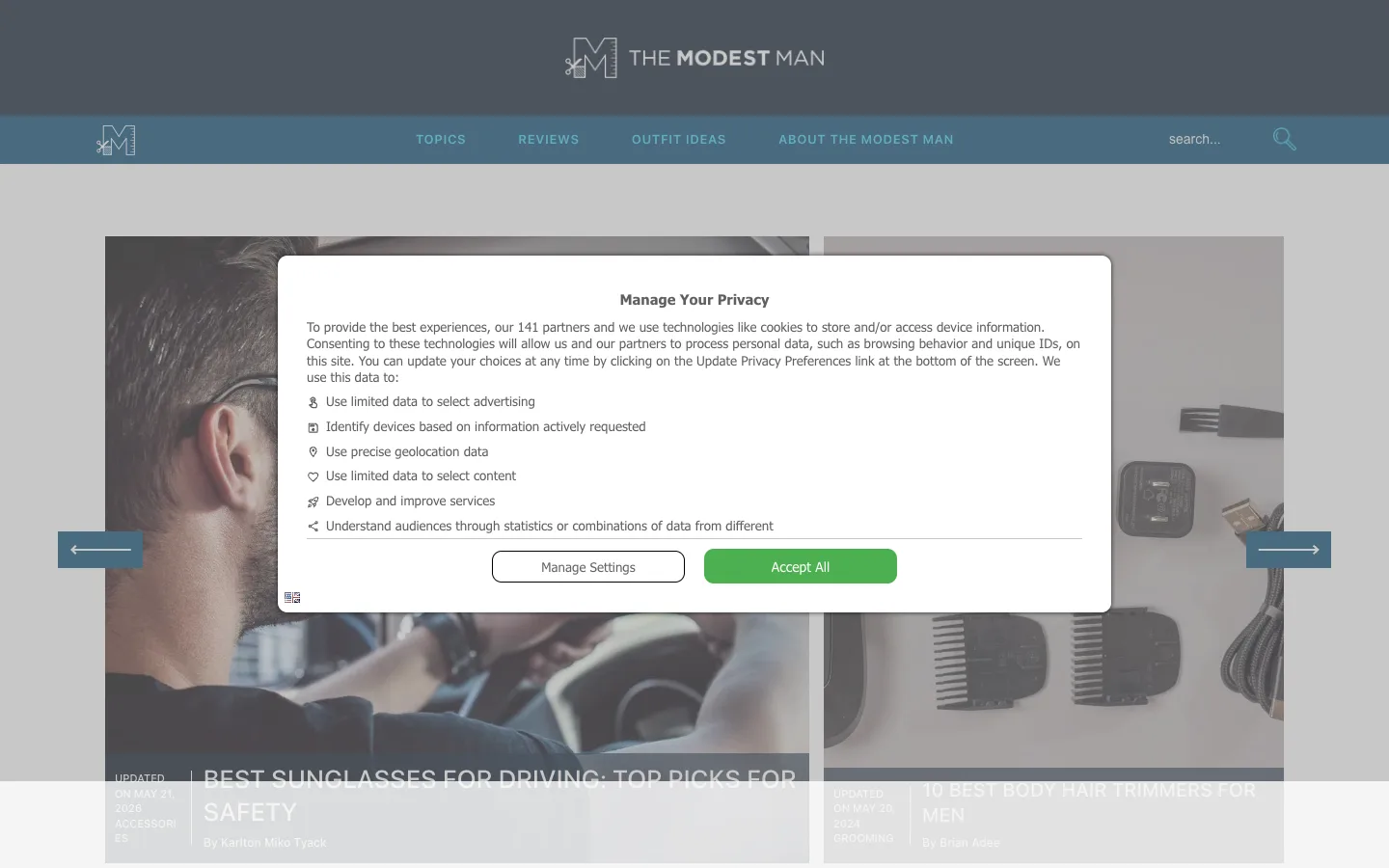 Screenshot of the The Modest Man homepage