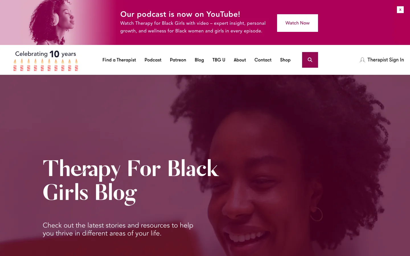 Screenshot of the Therapy for Black Girls homepage