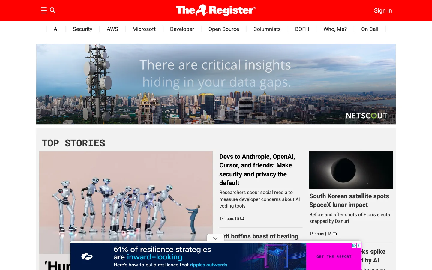 Screenshot of the The Register homepage