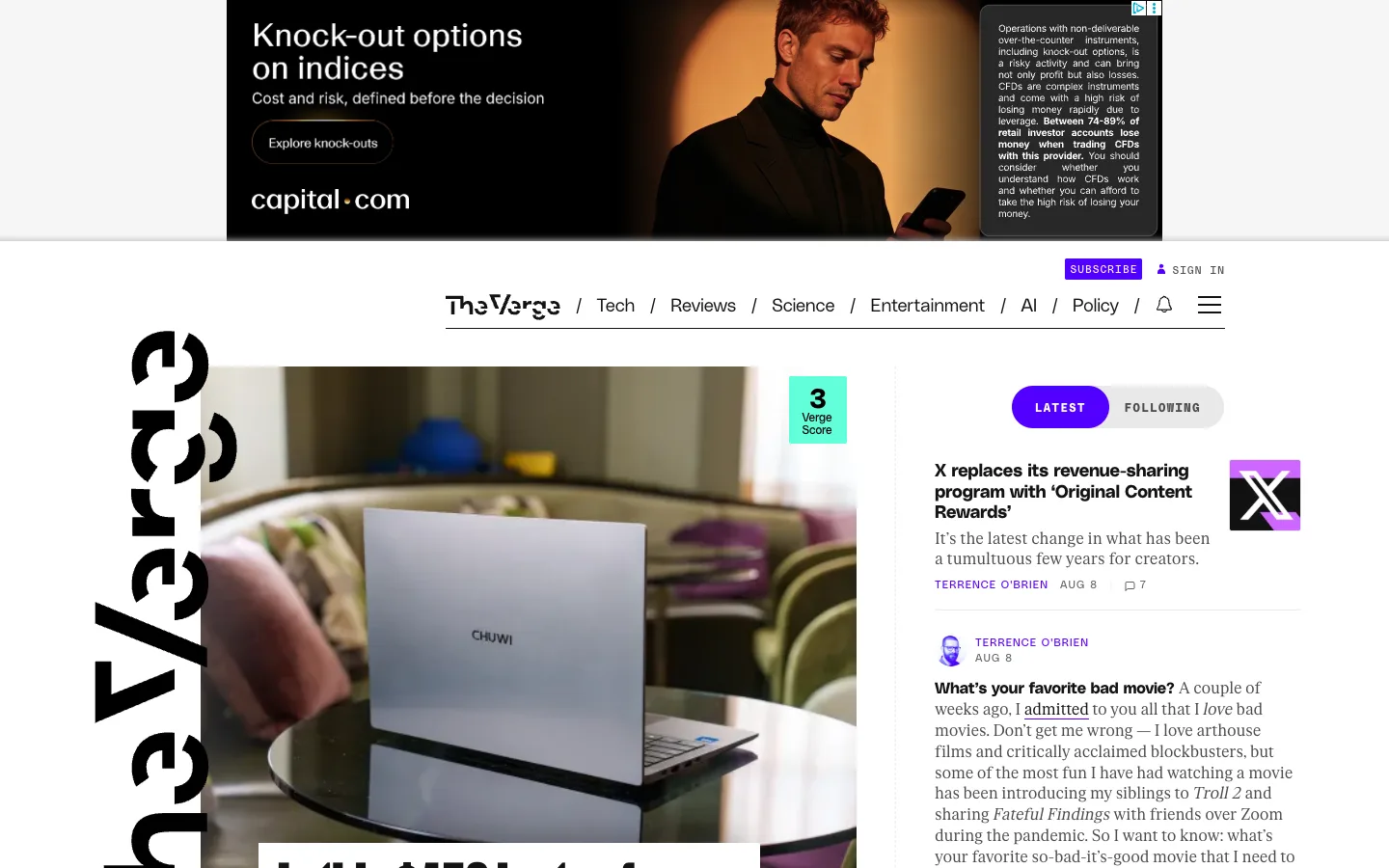 Screenshot of the The Verge homepage