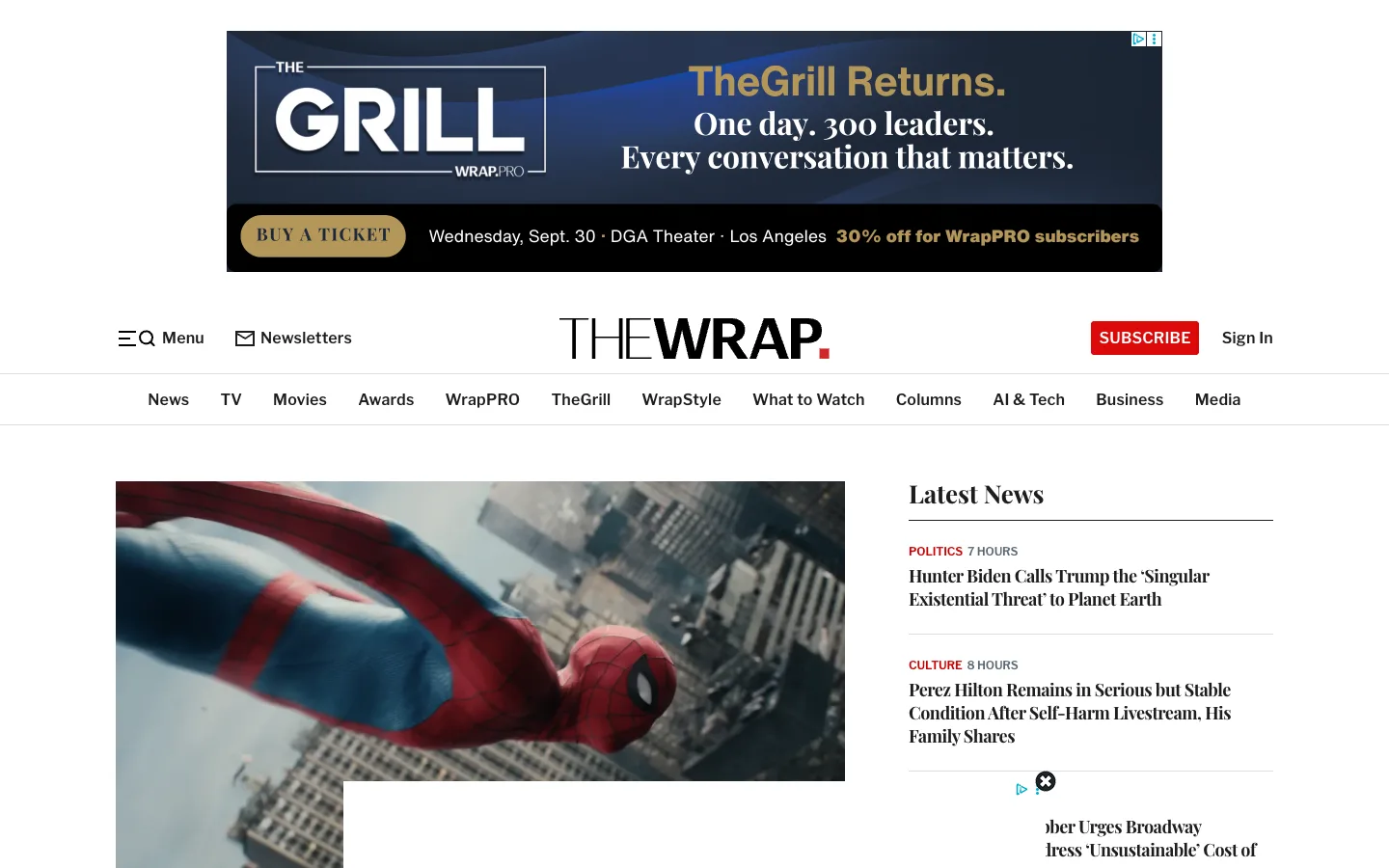 Screenshot of the TheWrap homepage