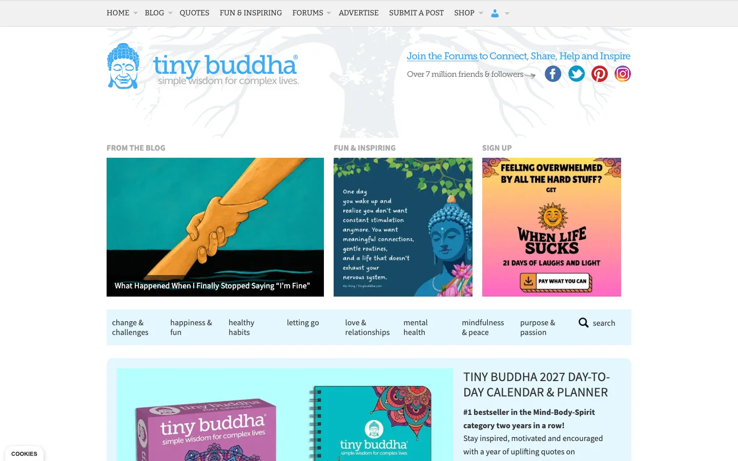 Screenshot of the Tiny Buddha homepage