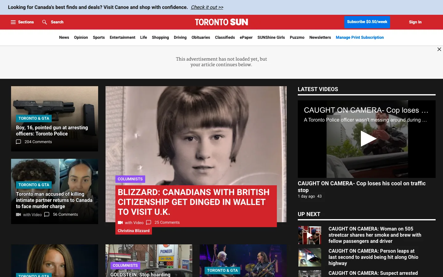 Screenshot of the Toronto Sun homepage