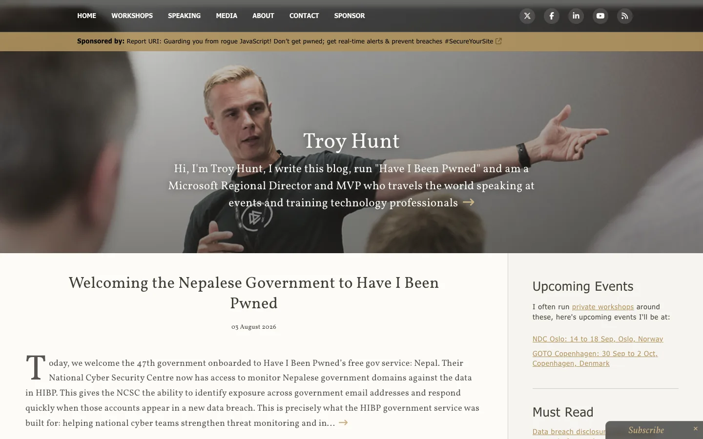 Screenshot of the Troy Hunt homepage