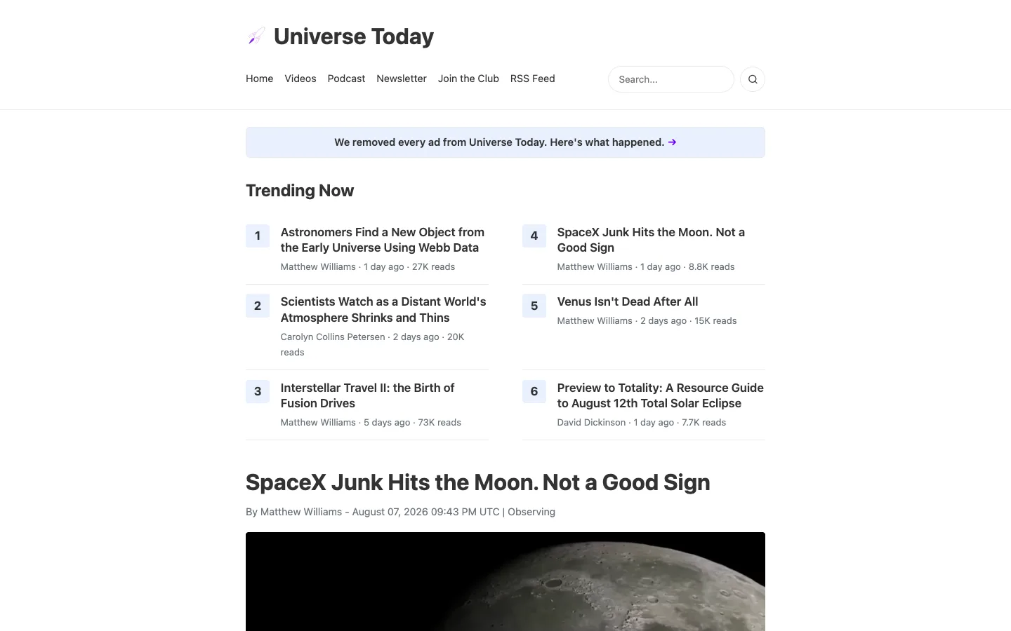 Screenshot of the Universe Today homepage