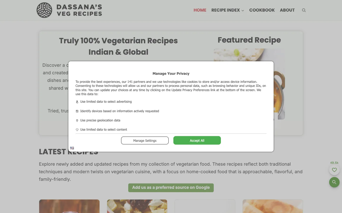 Screenshot of the Veg Recipes of India homepage