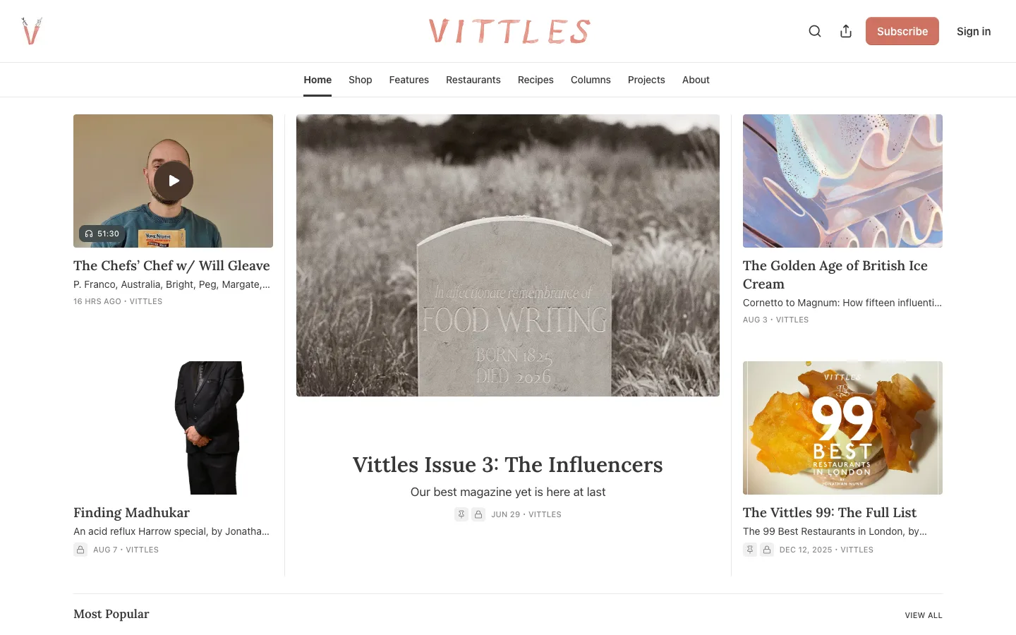 Screenshot of the Vittles homepage