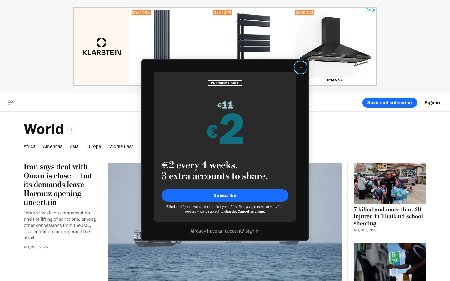 Screenshot of the The Washington Post – World homepage